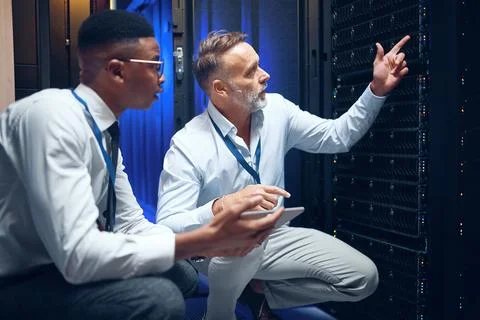 People, tablet or talking in server room for problem solving, advice or security 스톡 사진