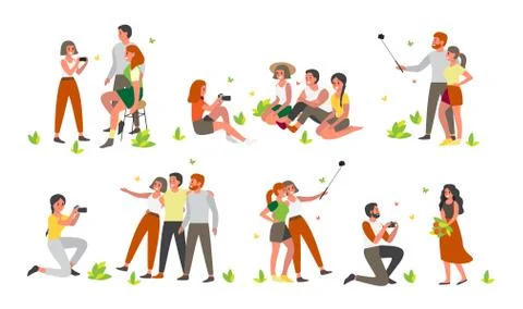 People tacking picture or making selfie together. Summer time Illustrazione stock
