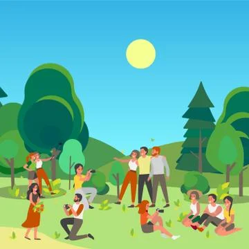 People tacking picture or making selfie together in public park. Illustrazione stock
