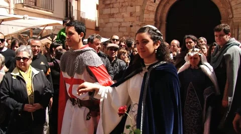 People take part in the historical performance in Montblanc, Spain. Stock Footage 61752593