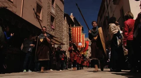People take part in the procession during Medieval festival in Montblanc, Spain. Stock Footage 61752519