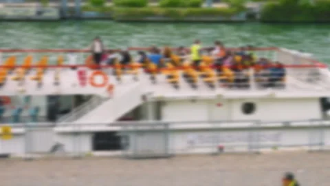 People take their seats on the upper deck of a tourist ferry. Stock Footage 310833744