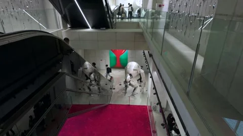 People taking escalator down through atrium, gentle monster, Seoul, S.Korea - 4K Stock Footage 324898172