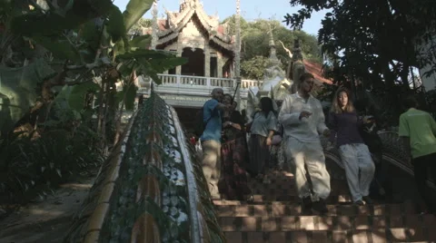 People taking photos on steps of Wat Phra That Doi Suthep, Chiang Mai, Thailand Stock Footage 48205379