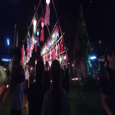 People taking selfies with lanterns on tree Stock Footage 69567952