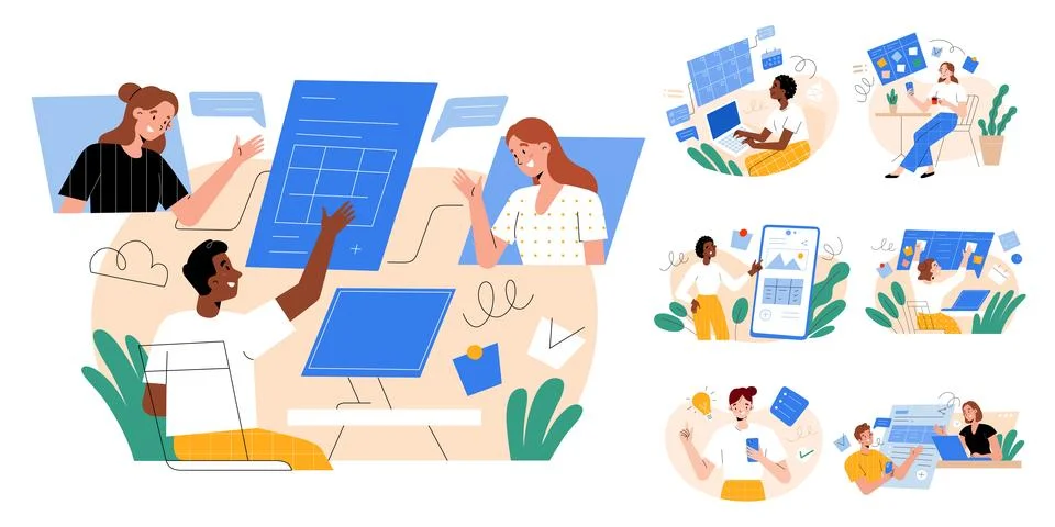 People taking, sharing notes, user experience concept, managing projects, using Stock Illustration