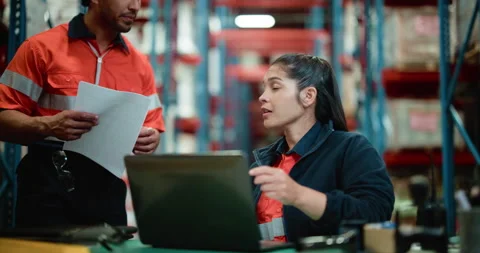 People, talk and document for logistics in warehouse for supply chain, inventory Stock Footage 326094445