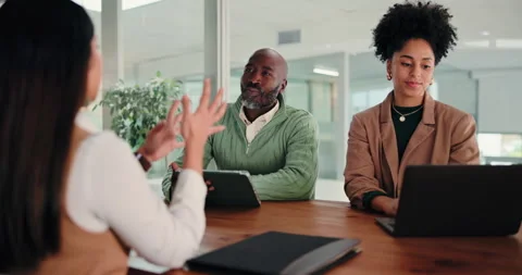 People, talk and interview with tablet in office for questions, online resume Stock Footage 312448436