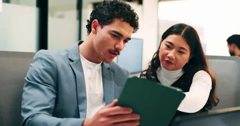 People, talk and software developer in office with tablet, planning or advice Stock Footage 336254301