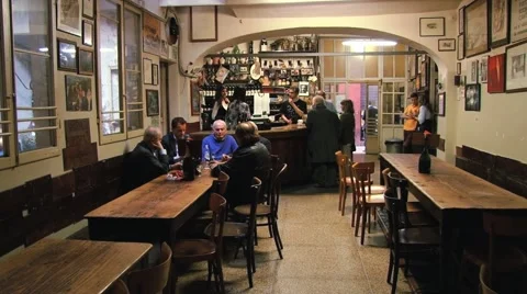 People talk in a traditional cafe (osteria) in Bologna, Italy. Stock Footage 59793709