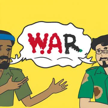 People talking about war with empty text comic strip cartoon style illustrati Stock Illustration