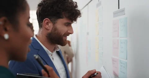People, talking and notes on whiteboard in meeting for training, planning and Stock Footage 336720673