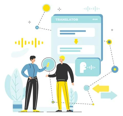 People talking to each other using smartphone real time voice translator, vector Stock Illustration
