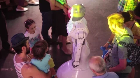 People talking with intellectual robot humanoid Stock Footage 68183859