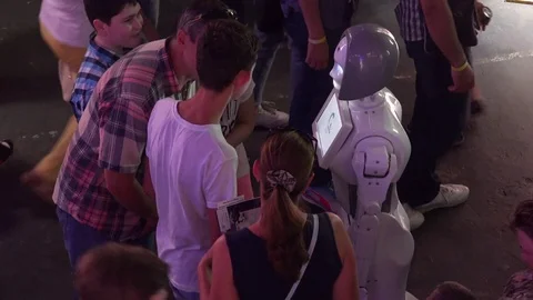People talking with intellectual robot humanoid Stock Footage 83222086