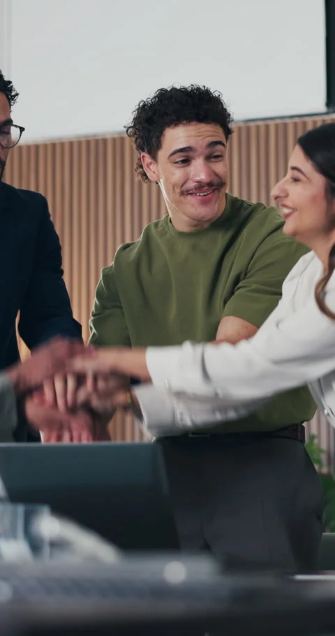 People, team and celebration with stack of hands at office meeting for goals 库存影片 335318154