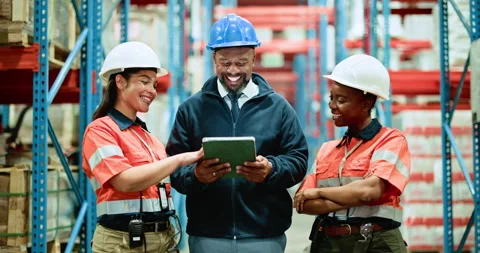 People, team and tablet with discussion at warehouse, logistics or smile for Video stock 326093907