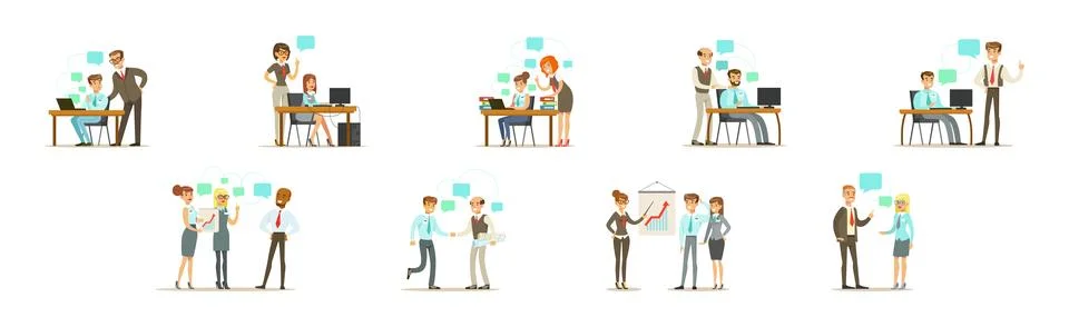 People Team Office Worker Character Communicate at Work Vector Set Stock Illustration