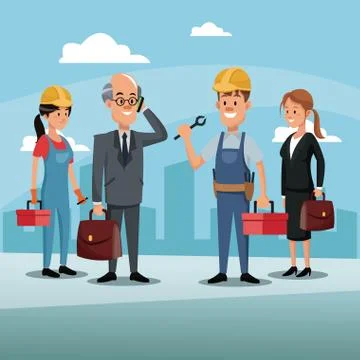 People team work construction enginerr workers cityscape labor day Stock Illustration