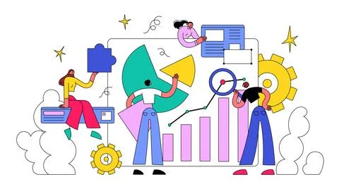 People team up to work with data create a dashboard with graphics Stock Illustration