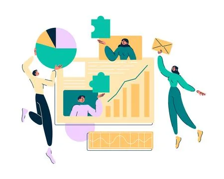 People team up to work with data create a dashboard with graphics Stock Illustration