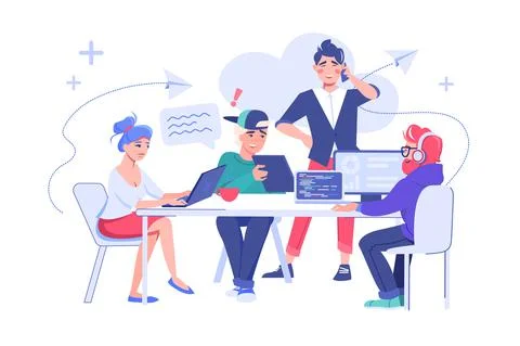 People team working together at table flat vector Stock Illustration