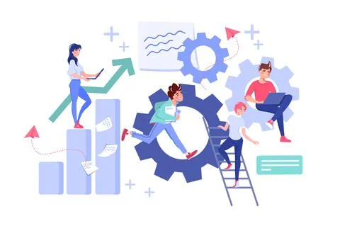 People teamwork with graph, paper and laptop Stock Illustration