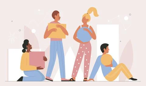 People teamwork to solve creative work problem, man woman holding geometric Illustrazione stock