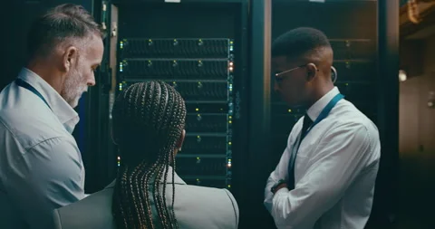 People, technology and server room planning, tablet programming or cloud Video stock 261997255