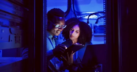 People, technology or coding in server room as software engineer or teamwork for Stock Footage 266484137