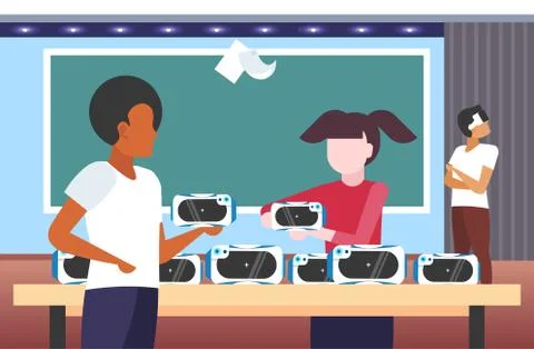 People testing 3d glasses students wearing virtual reality digital goggles Illustrazione stock