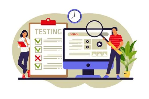 People testing software fixing bugs in hardware device. Application test and  Stock Illustration
