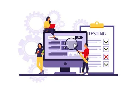 People testing software fixing bugs in hardware device. Application test and  Illustrazione stock