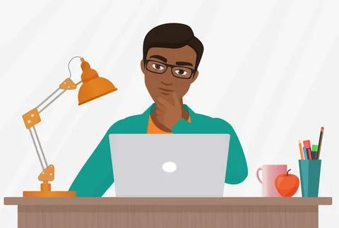 People think, work study questions, thoughtful young man working on laptop at Stock Illustration