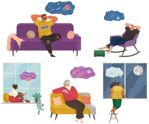 People thinking or making decision set, young man and woman dreaming of Illustrazione stock