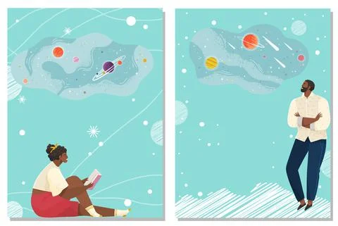 People thinking or making decision young man and woman dreaming of something Illustrazione stock