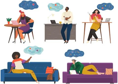 People thinking or making decision set, young man and woman dreaming of Illustrazione stock