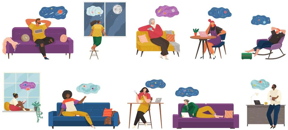 People thinking or making decision set, young man and woman dreaming of Illustrazione stock