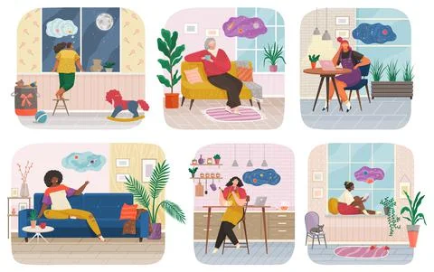 People thinking or making decision set, young man and woman dreaming of Illustrazione stock