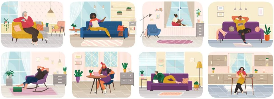People thinking or making decision scenes set, young man and woman thinking of Illustrazione stock
