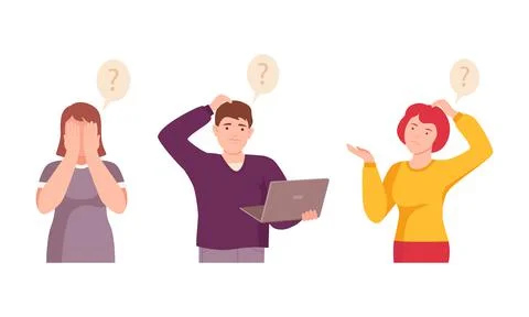 People thinking with question marks over their heads set. Thoughtful persons 스톡 일러스트