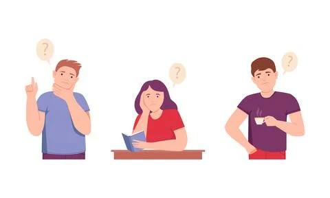 People thinking with question marks over their heads set. Persons in doubt イラスト素材