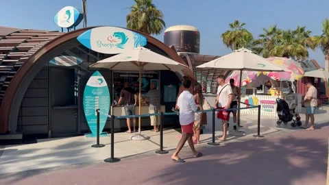 People at the ticket counter at JBR Beach. Dubai UAE 4 September 2026. Stock Footage 345286963