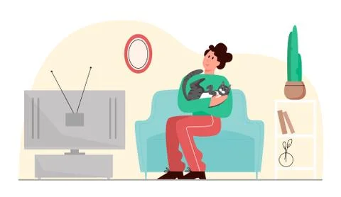 People time with pet cat vector illustration, cartoon flat happy man owner Illustration
