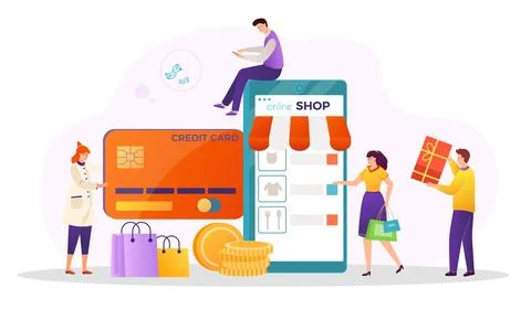 People tiny character use mobile phone application for online shopping, internet 스톡 일러스트