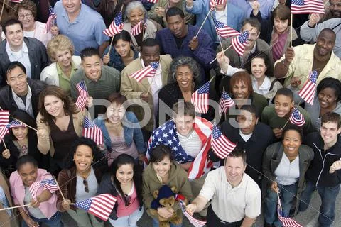 People Together Raising American Flag Stock Photos