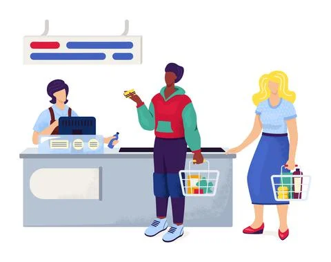 People together standing in queue cashier supermarket, male female hold food Stockillustratie