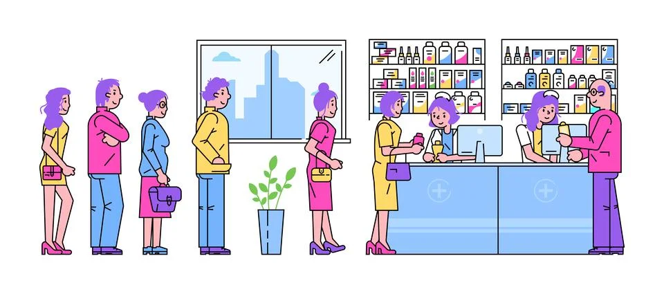 People together standing queue store, male female character buying foodstuff in イラスト素材