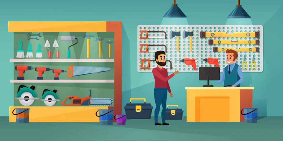 People in tool store vector illustration, cartoon flat man buyer handyman Illustrazione stock