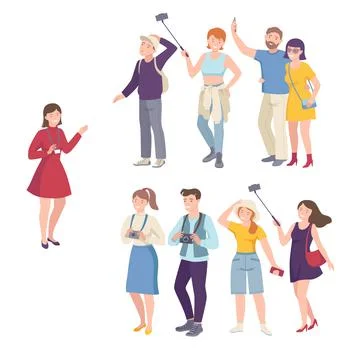 People Tourist Characters on Excursion or Sightseeing Tour with Guide Vector Stock Illustration